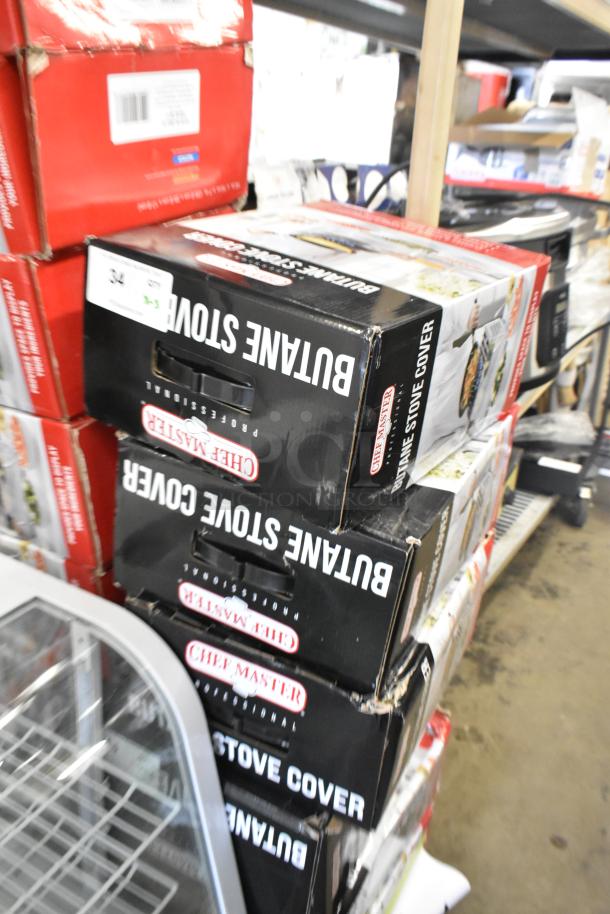 3 Chef Master 90217 stainless steel butane stove covers, new, some boxes with dents, size 7 3/16" x 14 1/2" x 12".