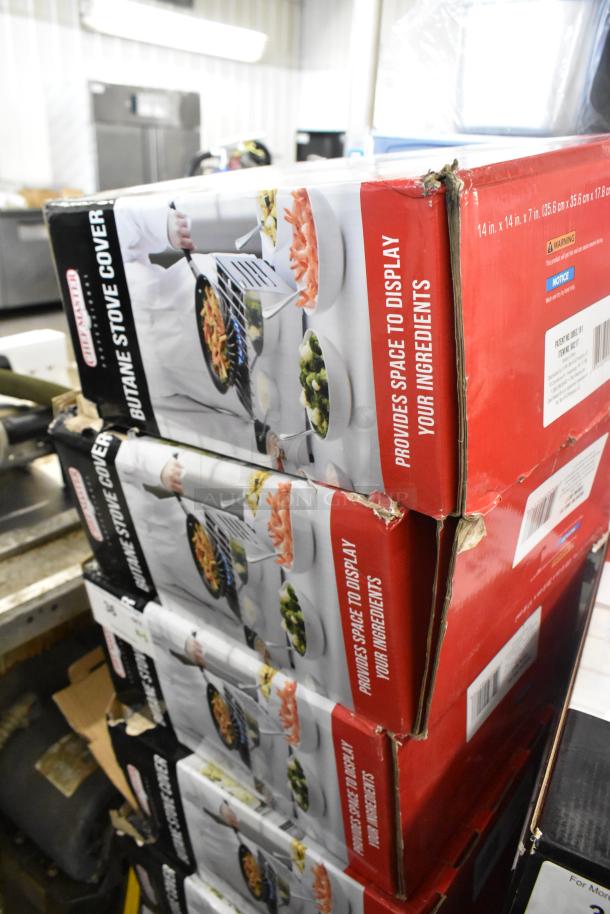3 new Chef Master 90217 stainless steel butane stove covers in boxes. Dimensions: 7 3/16" x 14 1/2" x 12". Scratch and dent.
