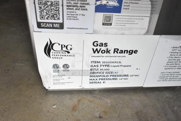 BRAND NEW Cooking Performance Group WOKR13L Propane Wok Range, 95,000 BTU, 13" ring, with visible scratch and dent marks.