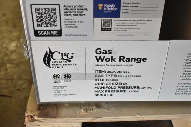 BRAND NEW Cooking Performance Group WOKR16L Liquid Propane Wok Range, 16" Ring, 125,000 BTU, model 351WOKR16L.