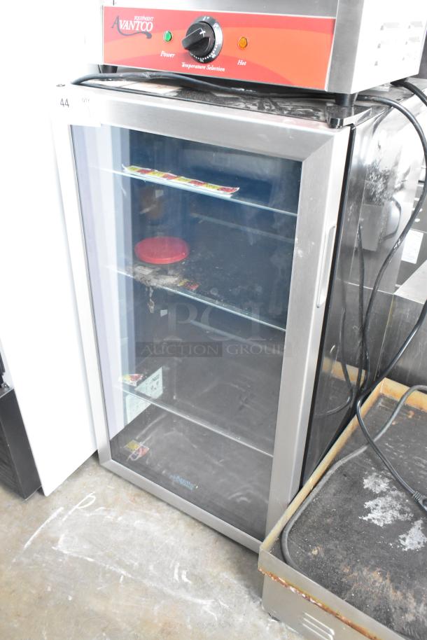 Arctic King ARV115B1AST mini cooler merchandiser, glass door, 115 volts, 1 phase, stainless steel trim, visible shelves.