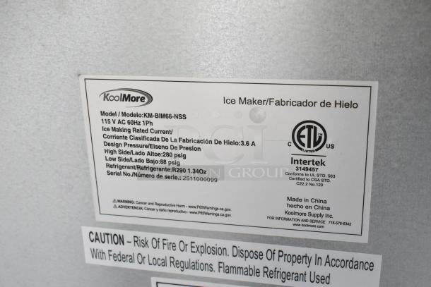 Close-up of KoolMore KM-BIM66-NSS ice maker label, showing model, specifications, and ETL certification details.