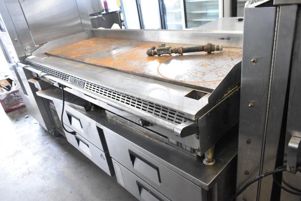 American Range commercial griddle on 4-drawer chef base, stainless steel, visible rust on surface, ideal for high-volume kitchens.