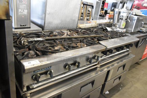 Radiance commercial countertop gas range, 6 burners, paired with a 5 burner range on Everest 4 drawer chef base. Used condition.