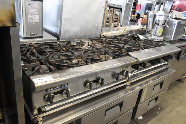 Radiance commercial 6-burner gas range with 5-burner on Everest 4-drawer chef base, stainless steel, used condition.