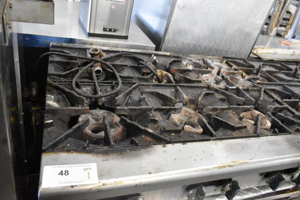 Radiance commercial countertop gas-powered 6 burner range on Everest 4 drawer chef base, used condition, visible wear.