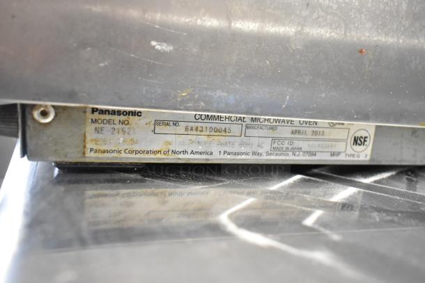 Panasonic NE-21521 Commercial Microwave Oven label, 208 Volts, 1 Phase, serial 6A43100045, NSF certified.