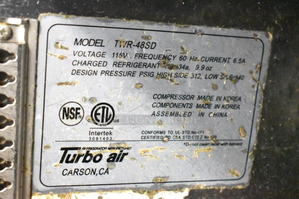 Turbo Air TWR-48SD commercial cooler label, showing 115V, 60Hz, 6.5A. NSF and ETL certified. Made in Korea, assembled in China.