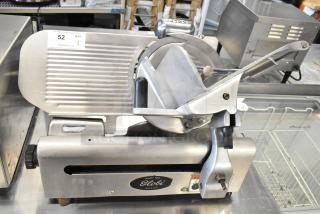 Globe commercial countertop meat slicer with blade sharpener, 115 volts, 1 phase, stainless steel, label visible, good condition.