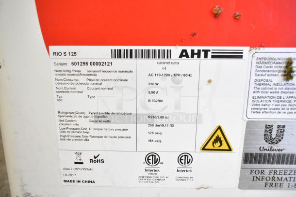 AHT RIO S 125 Commercial Freezer Merchandiser label. 115V, 1 Phase, 310W. Made in China, ETL certified.