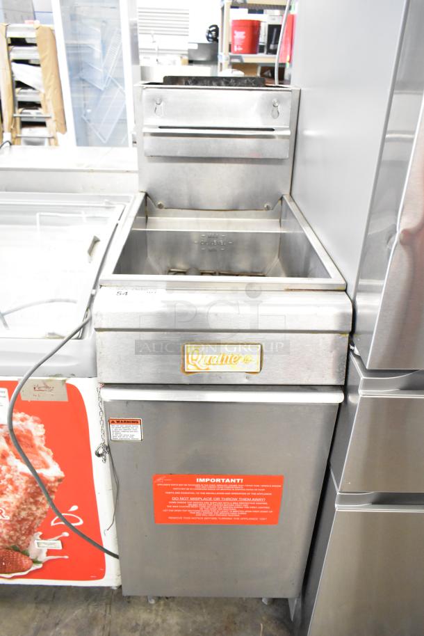 Qualite Commercial Floor Gas Deep Fat Fryer, stainless steel, used, visible brand logo and safety warning label.