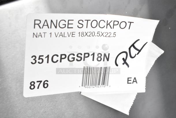 Label for Cooking Performance Group CPG-SP-18-N stock pot range, model 351CPGSP18N, 80,000 BTU, natural gas.
