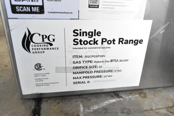 BRAND NEW Cooking Performance Group 351CPGSP18N Stock Pot Range, 80,000 BTU, natural gas, commercial use, scratch and dent.