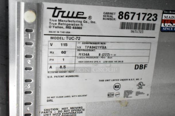 True TUC-72 commercial undercounter cooler label; 115 volts, 1 phase, 3-door, model TUC-72, on commercial casters.