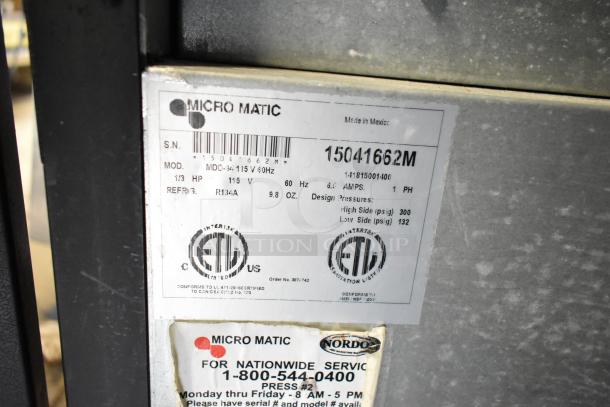 Micro Matic MDD-94 kegerator label showing 115V, 1-phase power, and refrigerant R134A. Includes safety certifications.
