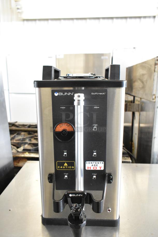 2025 Bunn SH SERVER commercial coffee server, stainless steel, decaf label, hot contents warning. Model in excellent condition.