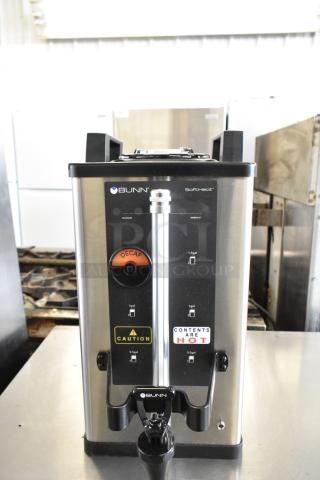 2025 Bunn SH SERVER commercial coffee server, stainless steel, decaf label, hot contents warning. Model in excellent condition.