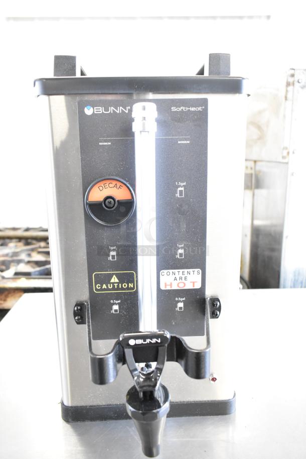 Bunn SH SERVER Commercial Coffee Server, 2025 model, stainless steel, with caution labels and decaf indicator.