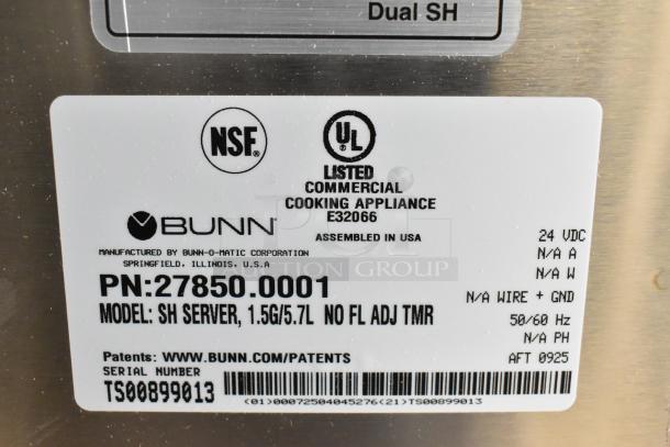 Label on Bunn SH SERVER Commercial Coffee Server, model 27850.0001, NSF and UL certified, 1.5G/5.7L capacity.