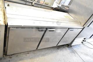 Beverage Air WTR72AY commercial 3-door undercounter cooler on casters. Features stainless steel finish. 115 volts, 1 phase.