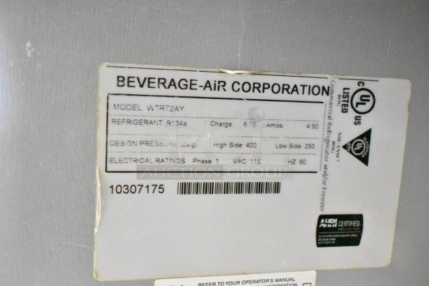 Beverage Air WTR72AY cooler label, showing 115V, 1 Phase, refrigerant R134a, design pressure, and UL certification markings.