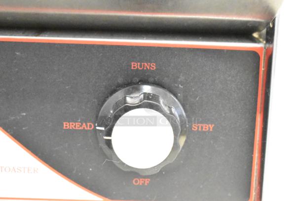 2023 BI006192 Commercial Countertop Electric Conveyor Toaster Oven, 110V, control knob with settings for buns, bread, standby, and off.