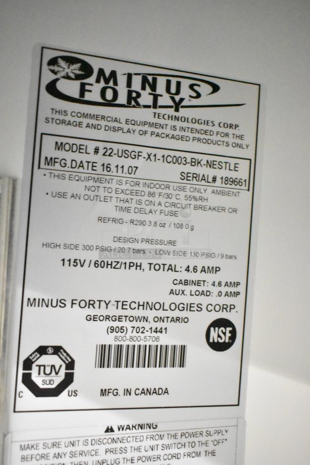 Minus Forty commercial reach-in freezer, model 22-USGF-X1-1C003-BK-NESTLE. Features NSF certification, 115V, 1 phase.