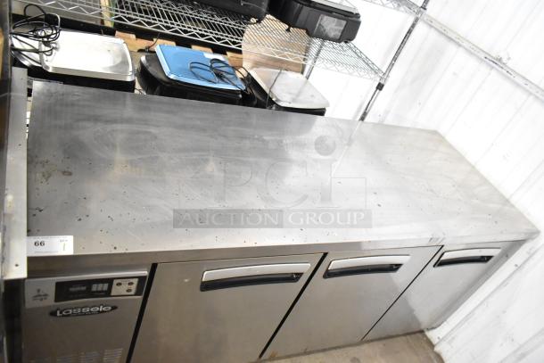 Lassele LT-1833R 3-Door Undercounter Cooler, stainless steel, 115V, model LT-1833R, used, visible scratches, Lassele branding.