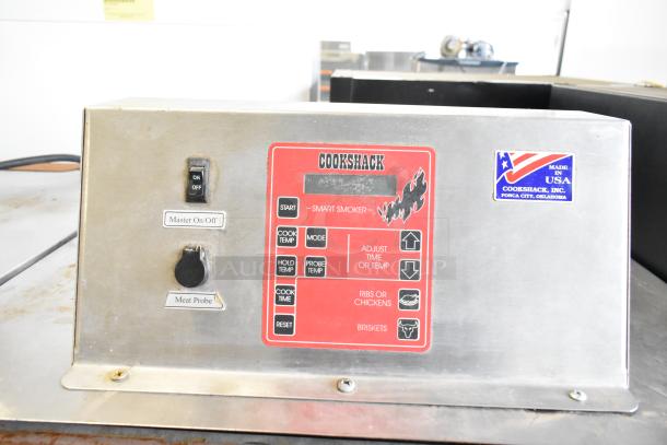 Cookshack 250 commercial electric smoker control panel, stainless steel, 208 volts, 1 phase, with meat probe and caster wheels.