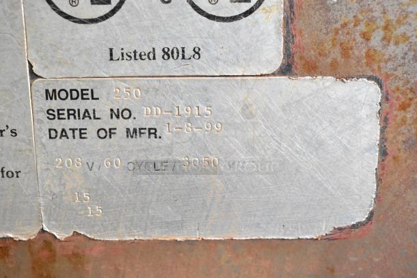 Cookshack 250 Commercial Electric Smoker, model 250, serial DD-1915, manufactured 1-8-99, 208V, 3050W.