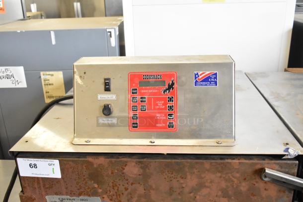 Cookshack 250 commercial electric smoker with control panel, 208 volts, 1 phase, on casters. Used condition with visible wear.