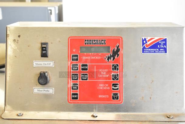 Cookshack 250 Commercial Smoker panel with controls, "Smart Smoker" label, 208V, 1 Phase, made in USA sticker.