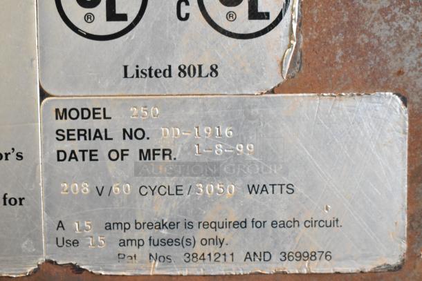 Cookshack 250 commercial electric smoker, 208 volts, 1 phase, model 250, serial DD-1916, date of manufacture 1-8-99.