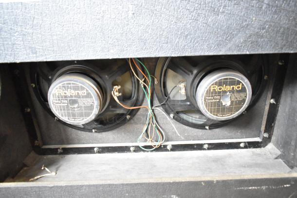 Roland Jazz Chorus 120 Speaker on Casters, featuring heavy-duty transducers, visible wiring, and Roland branding.