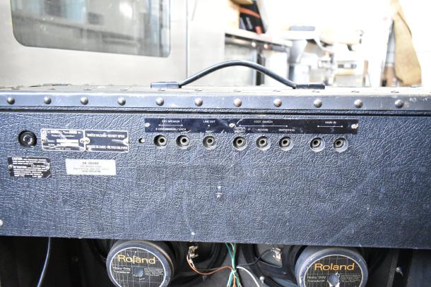 Roland Jazz Chorus 120 speaker, black textured casing, multiple input ports visible. Speaker label reads "Roland Heavy-Duty Transducer."