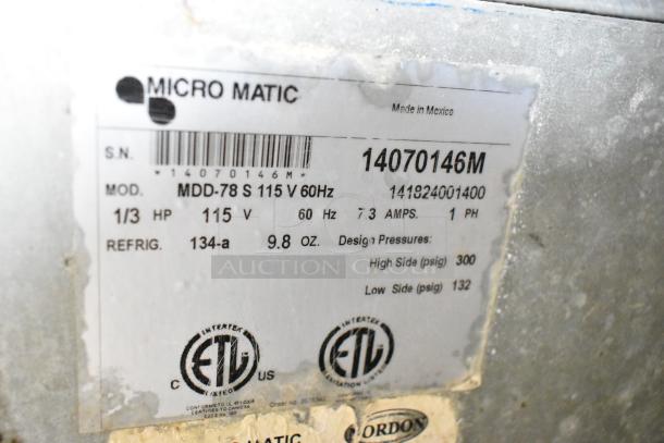 Micro Matic MDD-78 S kegerator label showing specs: 115V, 60Hz, 1/3 HP, refrigerant 134-a, 9.8 oz capacity, ETL certified.