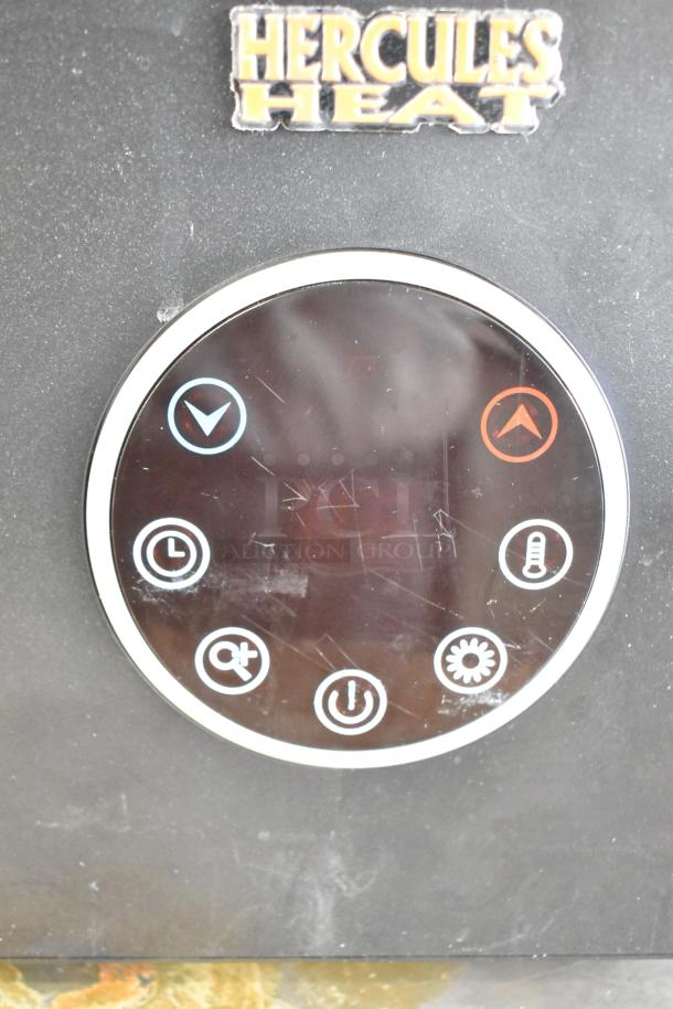 Hercules Heat AGL-05PB portable heater, 120V, 1 phase. Features control panel with buttons; minor surface scratches visible.