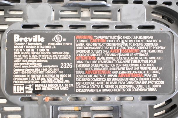 Breville BTA730XL/A 2 Slot Toaster, 120V, 1 Phase. Features warning labels for electrical safety and household use.