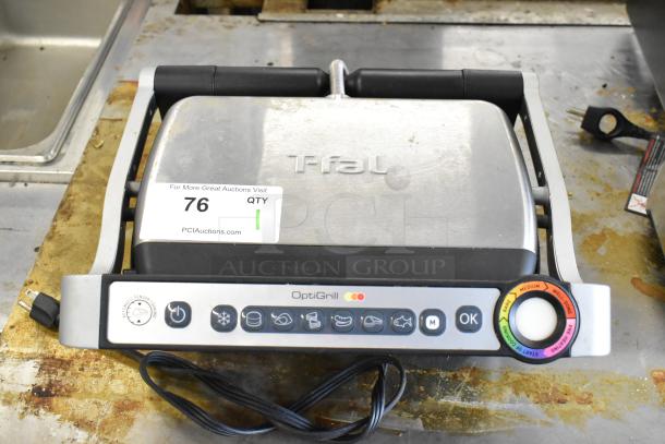 T-Fal OptiGrill Panini Press, stainless steel, 115V, 1 Phase, features automatic sensor cooking, moderate wear.