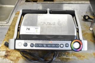 T-Fal OptiGrill Panini Press, stainless steel, 115V, 1 Phase, features automatic sensor cooking, moderate wear.