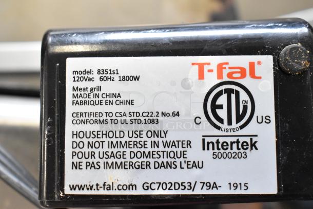 T-Fal OptiGrill Panini Press label, Model 8351s1, 120Vac, 60Hz, 1800W, household use, certified to CSA and UL standards.