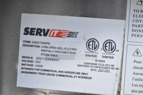 2021 ServIt 423EST2WOPB electric steam table label, 2-pan, open well, 120V, 1000W, commercial use. Serial: 202112246001.