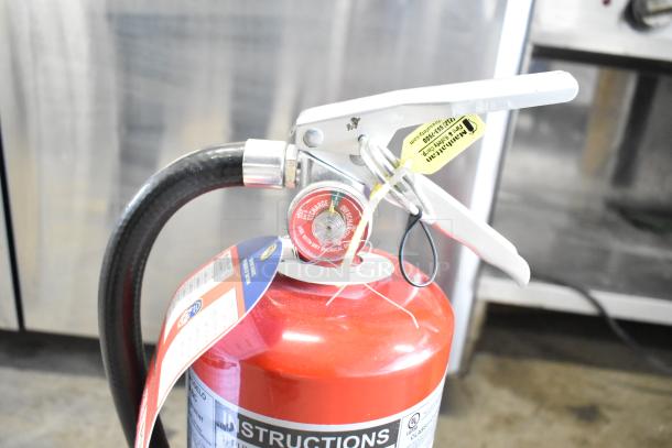 Red Buckeye fire extinguisher, visible safety tags, and instructions. Includes 2 items; pick-up required, no shipping.