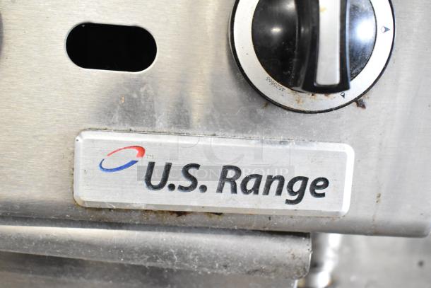 US Range Commercial Gas Charbroiler Grill, stainless steel, control knob, U.S. Range logo, good condition, some wear.