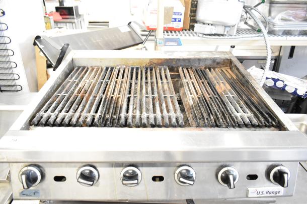US Range commercial countertop gas charbroiler grill, stainless steel, five control knobs, used condition.