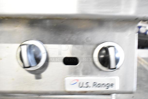 US Range Commercial Countertop Gas Charbroiler Grill, shows control knobs and brand label, in used condition.