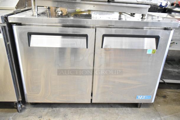 Turbo Air MUR-48 undercounter cooler, stainless steel, 2 doors, on casters, 115V, model label visible, good condition.