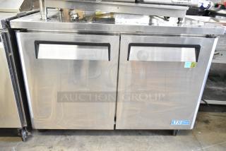 Turbo Air MUR-48 undercounter cooler, stainless steel, 2 doors, on casters, 115V, model label visible, good condition.