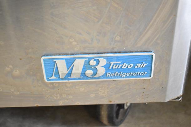 Turbo Air MUR-48 undercounter cooler with commercial casters, 115V, 1 Phase, blue "M3 Turbo Air Refrigerator" label.