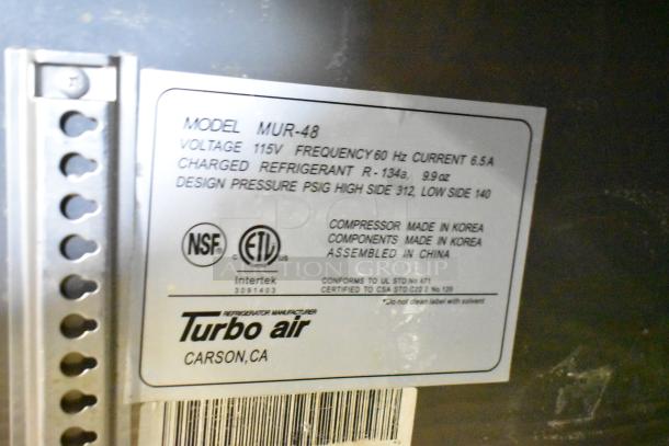 Turbo Air MUR-48 cooler label showing model, voltage, refrigerant, and compliance details.